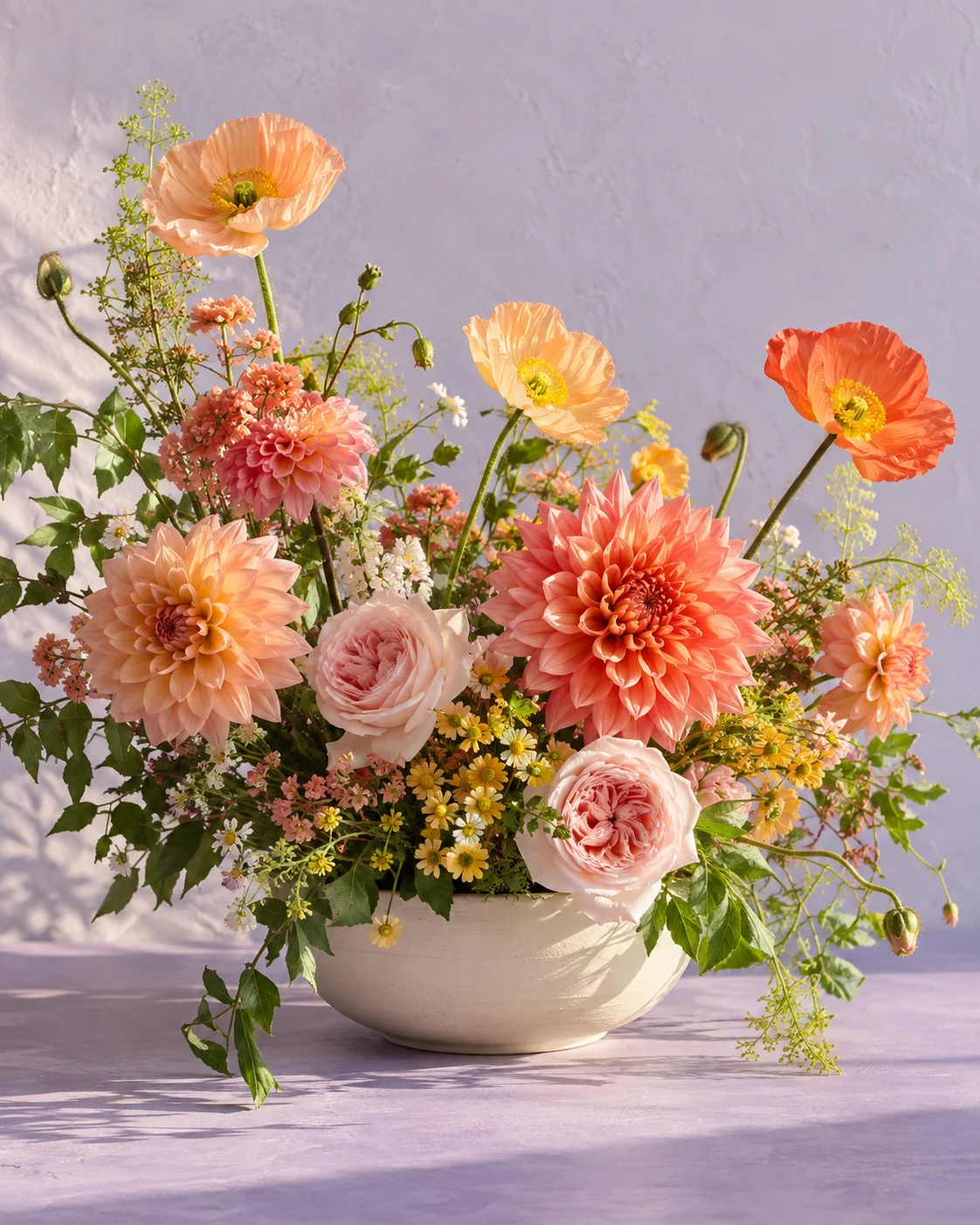 Coral dahlias and apricot poppies in a low cream ceramic bowl