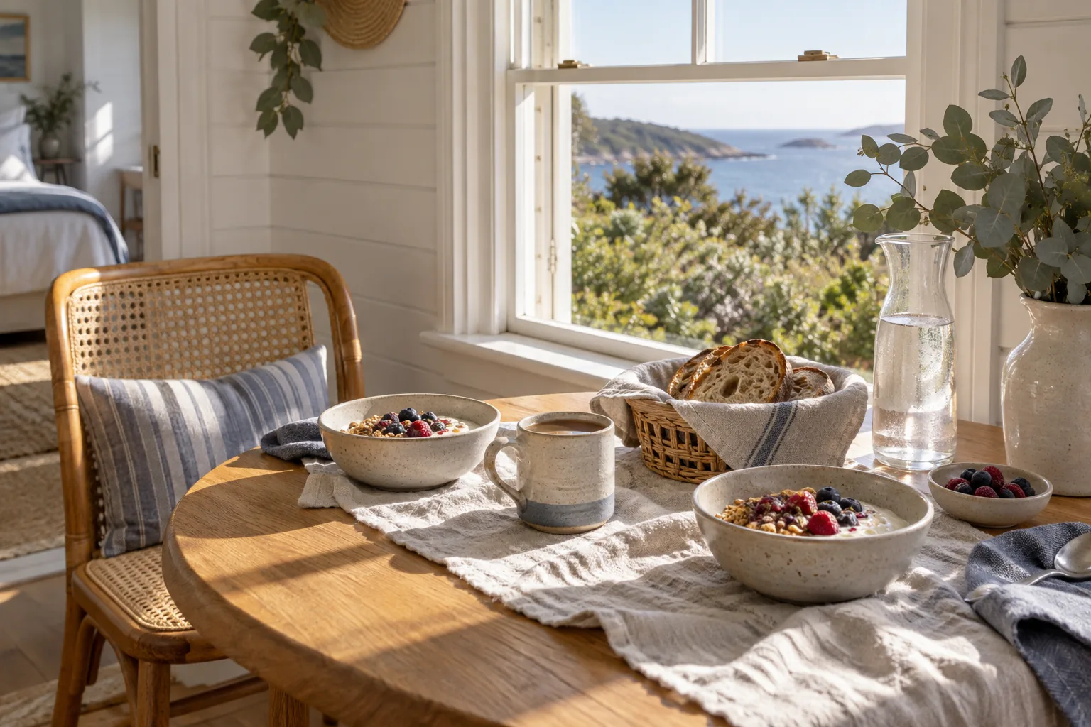 Breakfast bowls and sourdough on a linen-covered table beside a sea-facing window