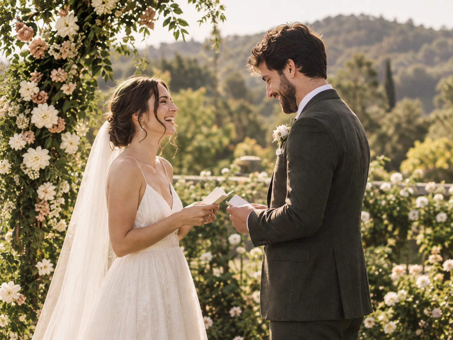 A bride and groom sharing their vows beneath garden flowers