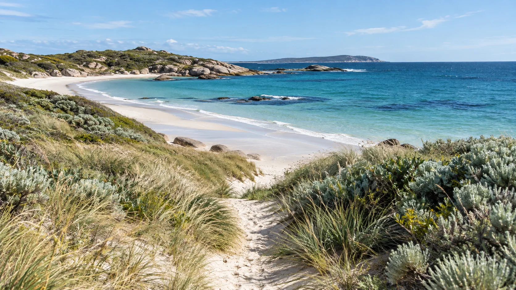 A sandy path through coastal grasses to a quiet blue bay