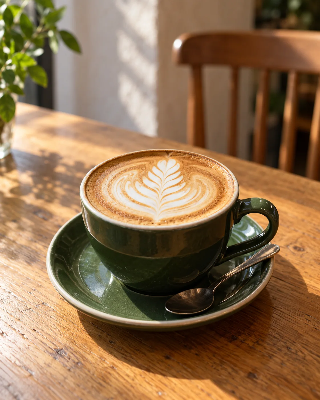 Rosetta latte art in a green ceramic coffee cup