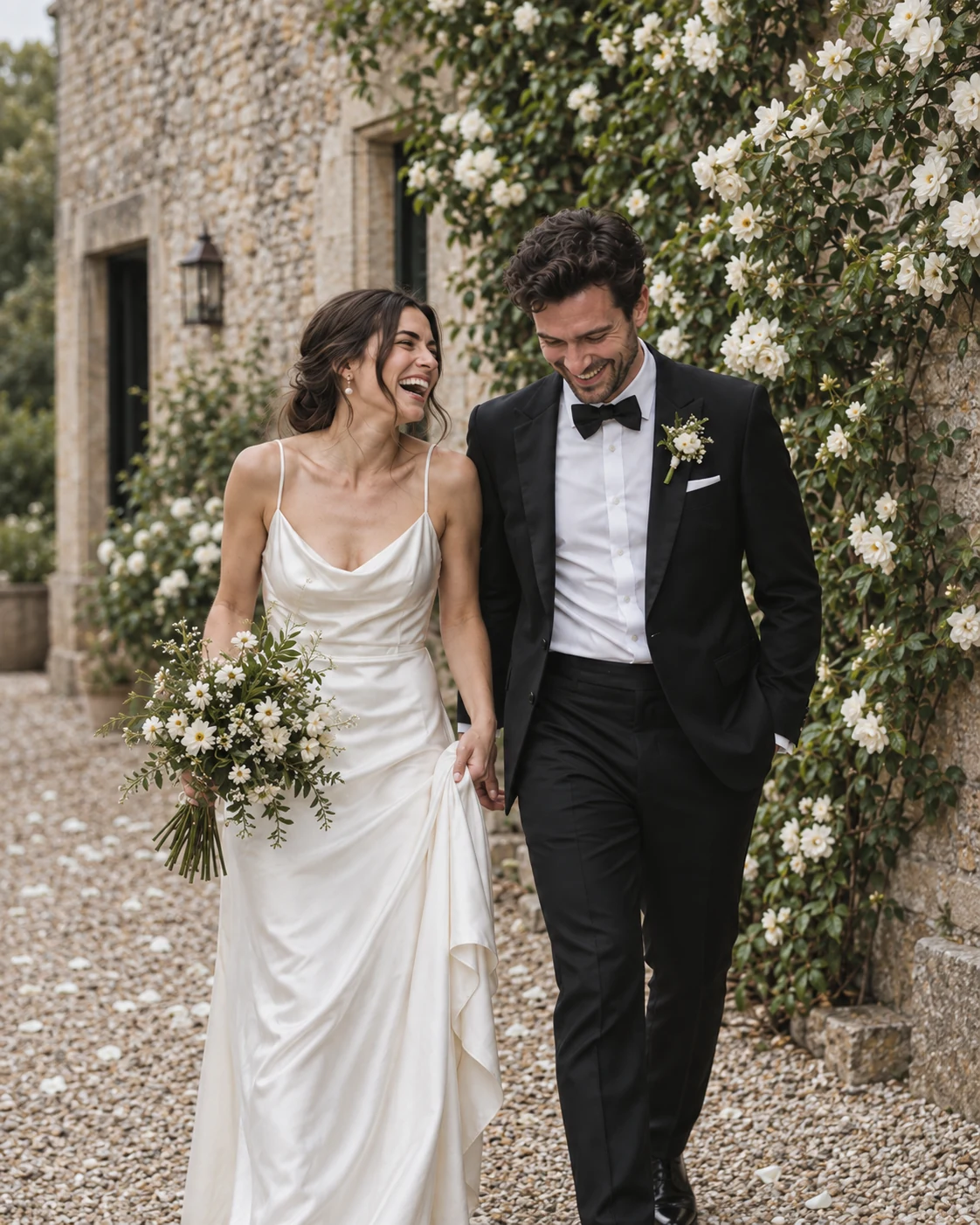A bride and groom laughing beside a stone wall and climbing white roses