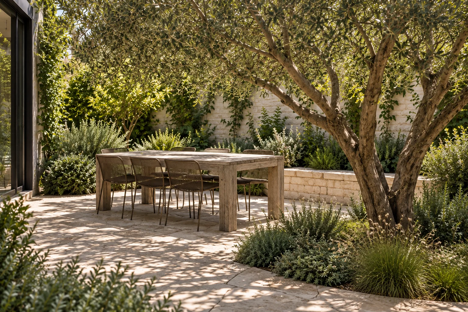 A small outdoor dining area beneath an olive tree, framed by pale brick and soft planting