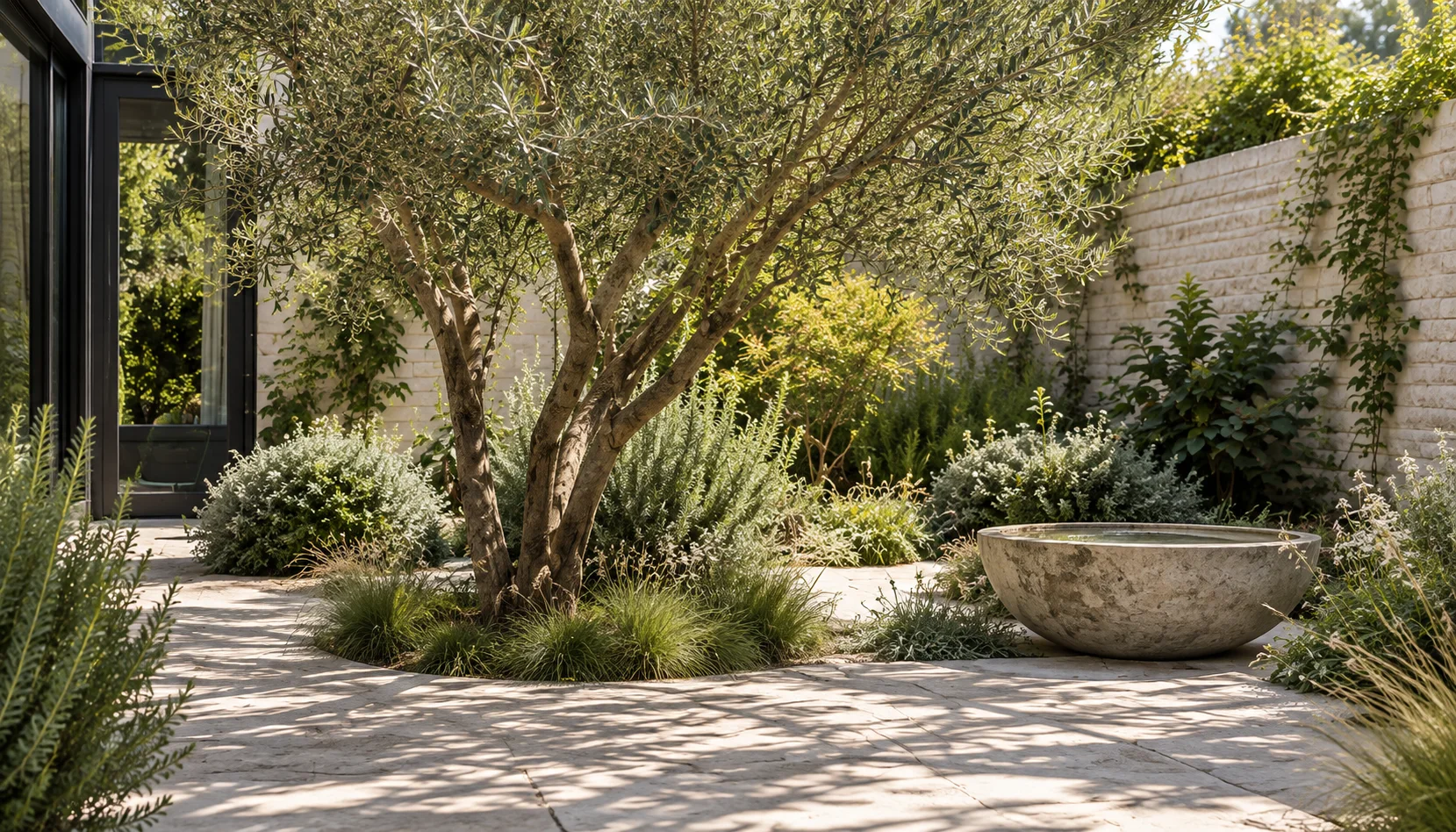 Dappled light beneath a mature olive tree beside a limestone water bowl and pale brick garden wall