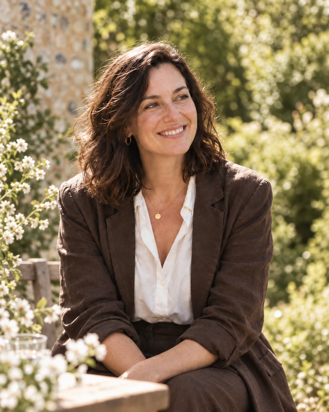 An imagined portrait of Elena, smiling in a garden in a brown linen jacket