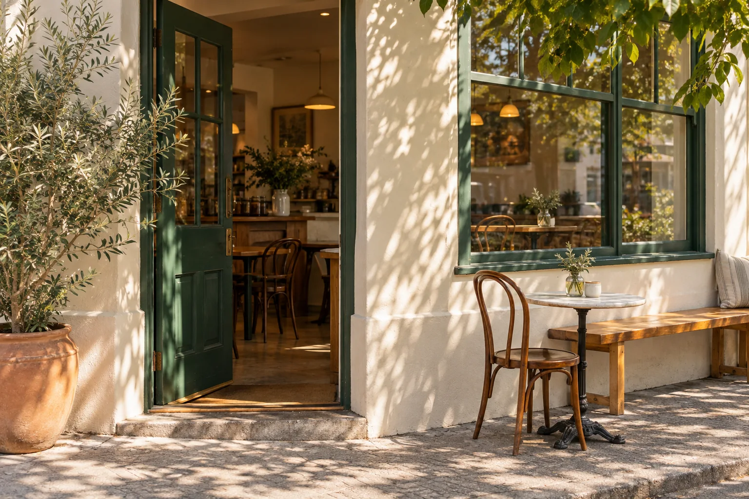 An imagined cream café shopfront with a green door, timber bench and potted olive