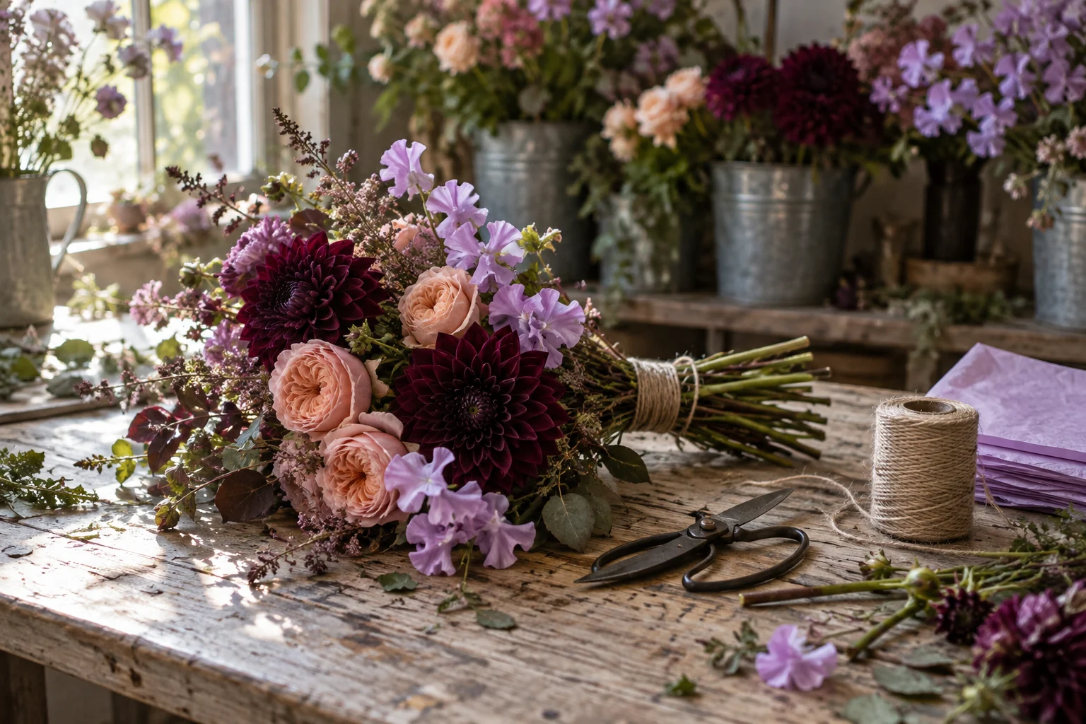 A peach, plum and lilac bouquet on a florist’s timber worktable