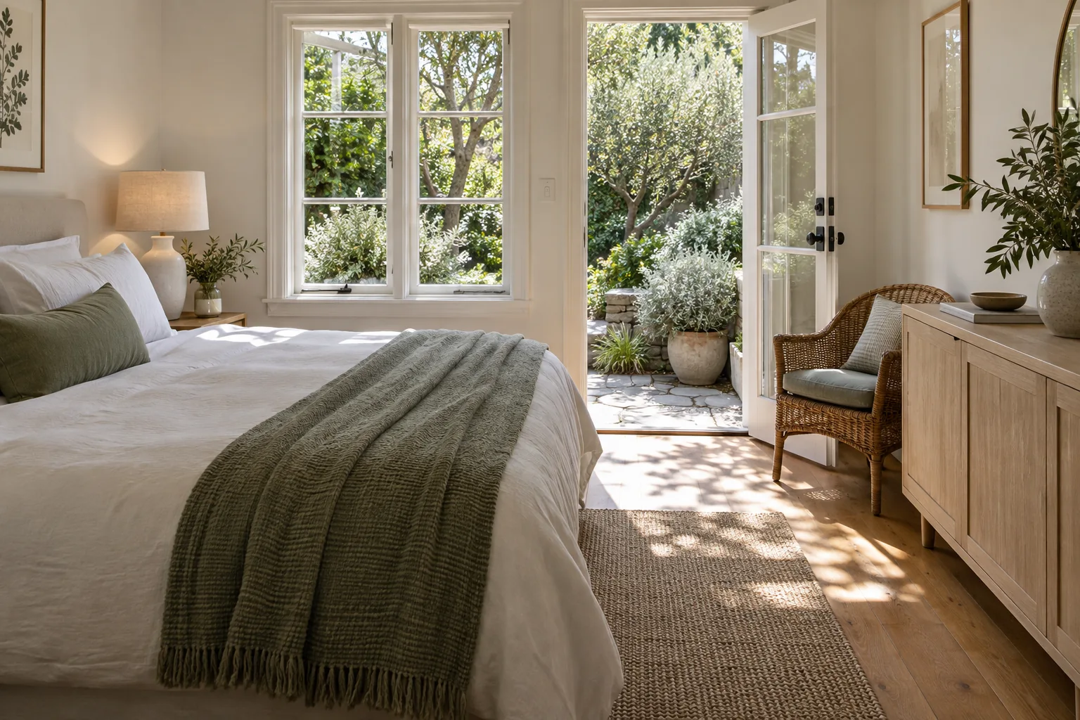 A king bed with a sage throw and open doors to a leafy courtyard