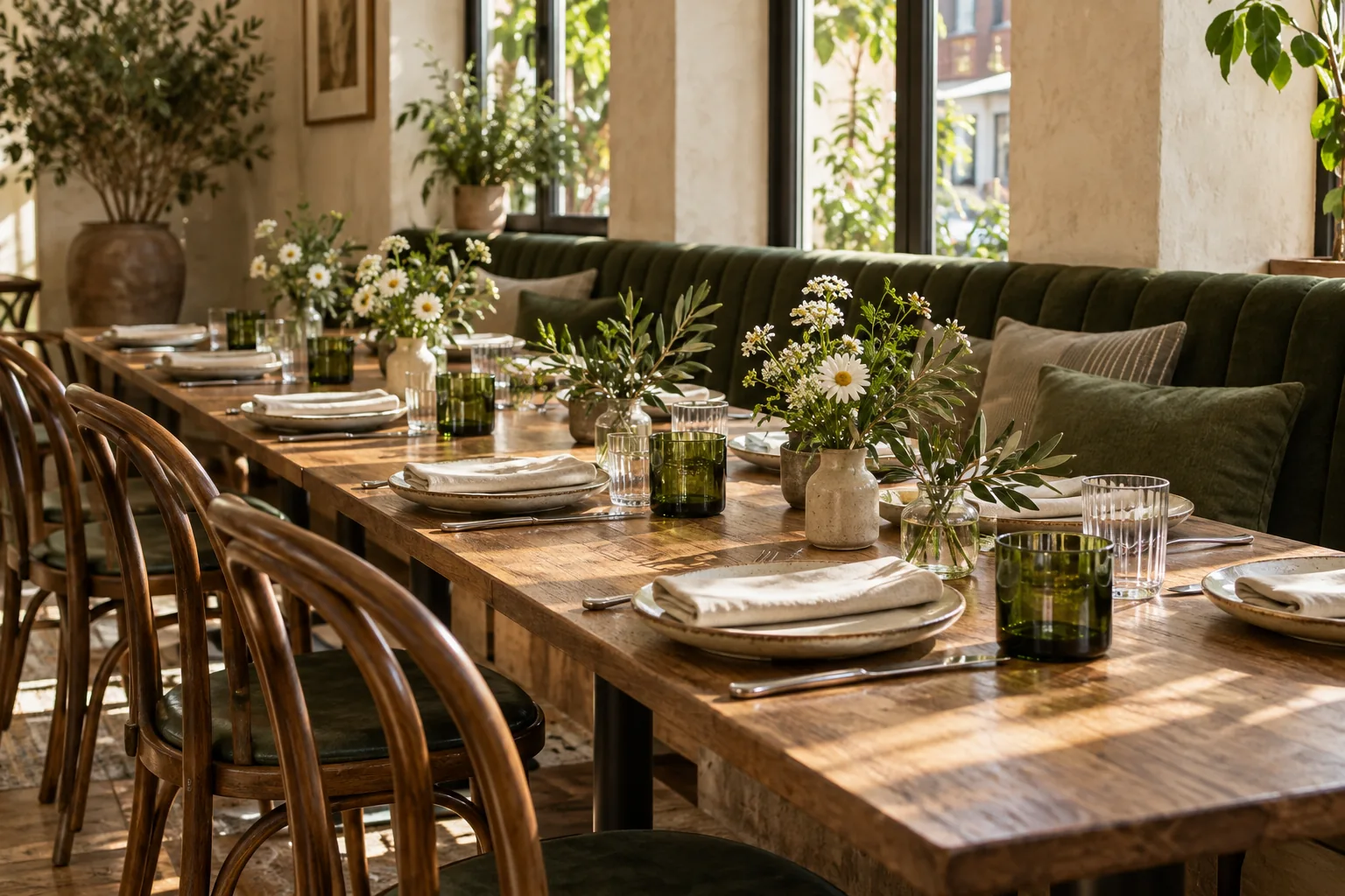 A long café table set with linen, green glasses and small vases of flowers