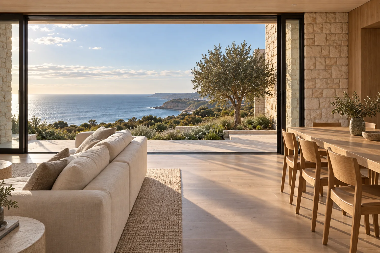 Light-filled oak and limestone living room looking towards the ocean
