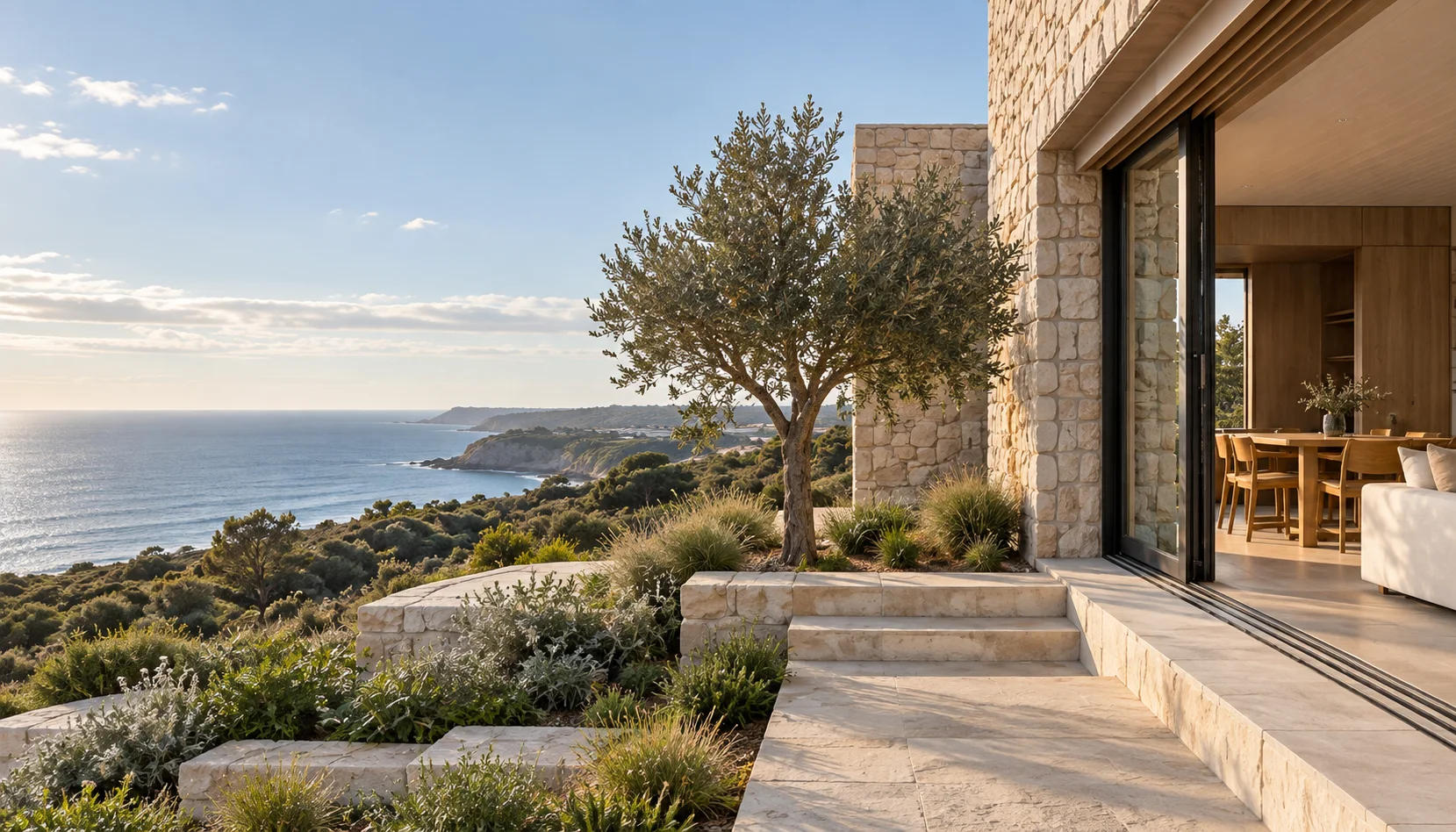 Limestone coastal house opening onto an olive-tree terrace above the ocean