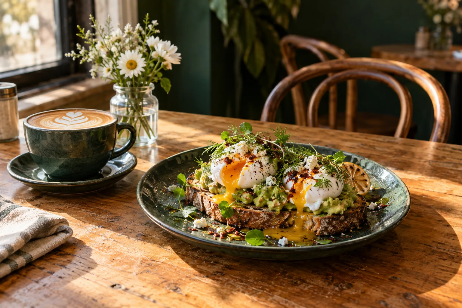 Poached eggs and avocado on sourdough, a green latte cup and daisies on a sunlit café table