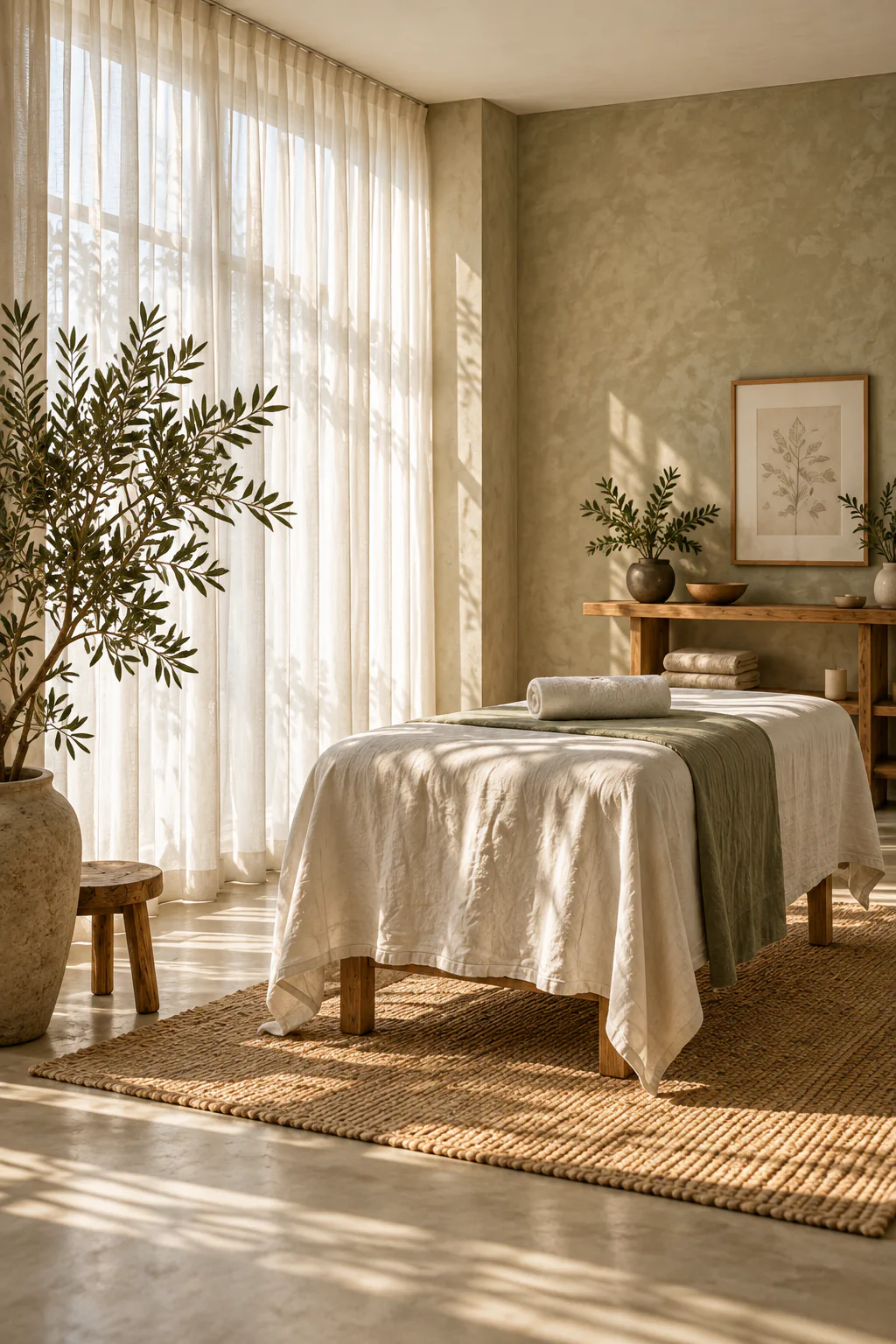 Sunlight through sheer curtains beside a linen-covered massage table and an olive tree