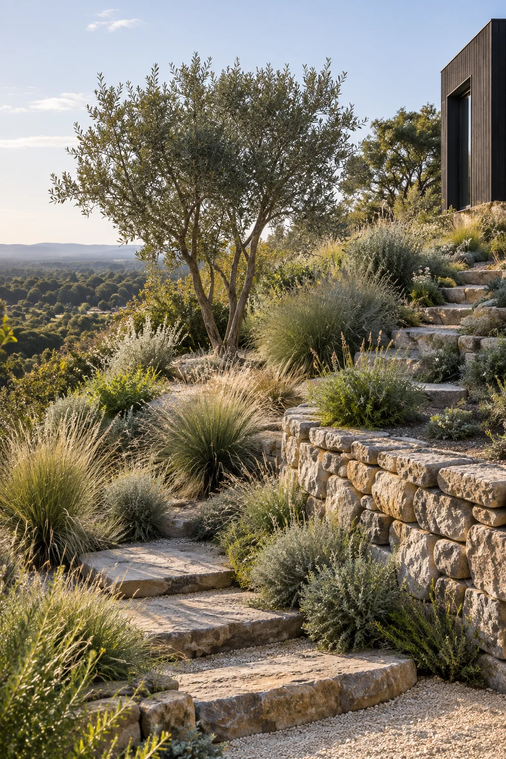 Natural stone steps winding through a hillside garden of olive trees and fine grasses