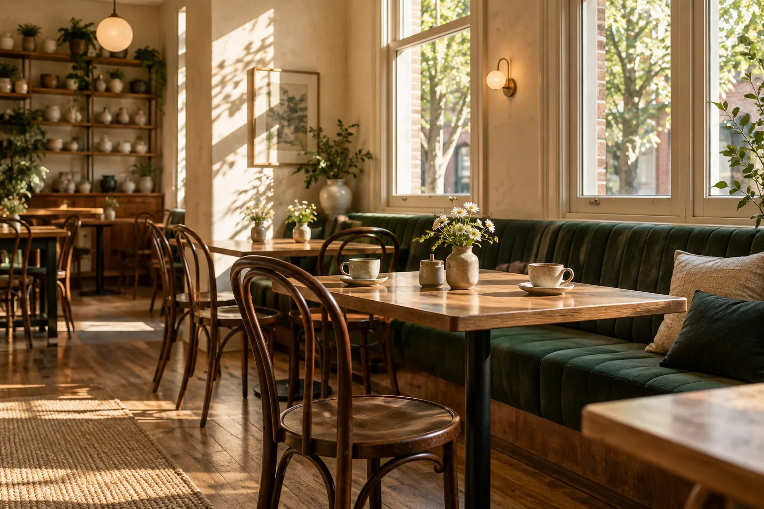 Timber tables, bentwood chairs and a green banquette beside tall café windows