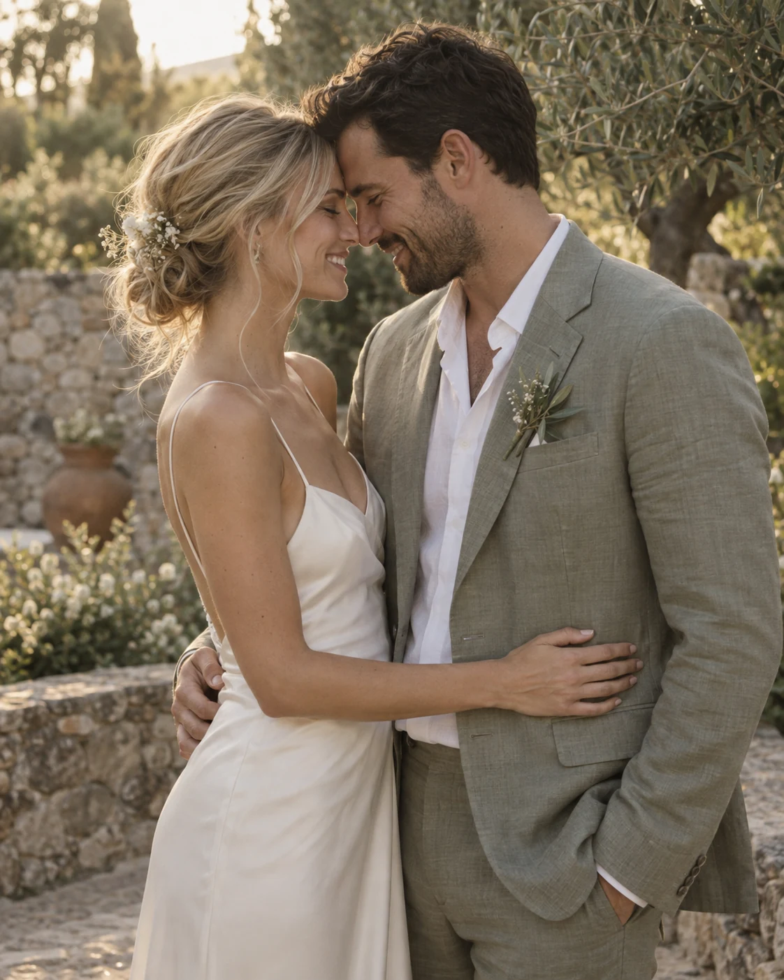A bride and groom sharing a quiet moment in an olive garden