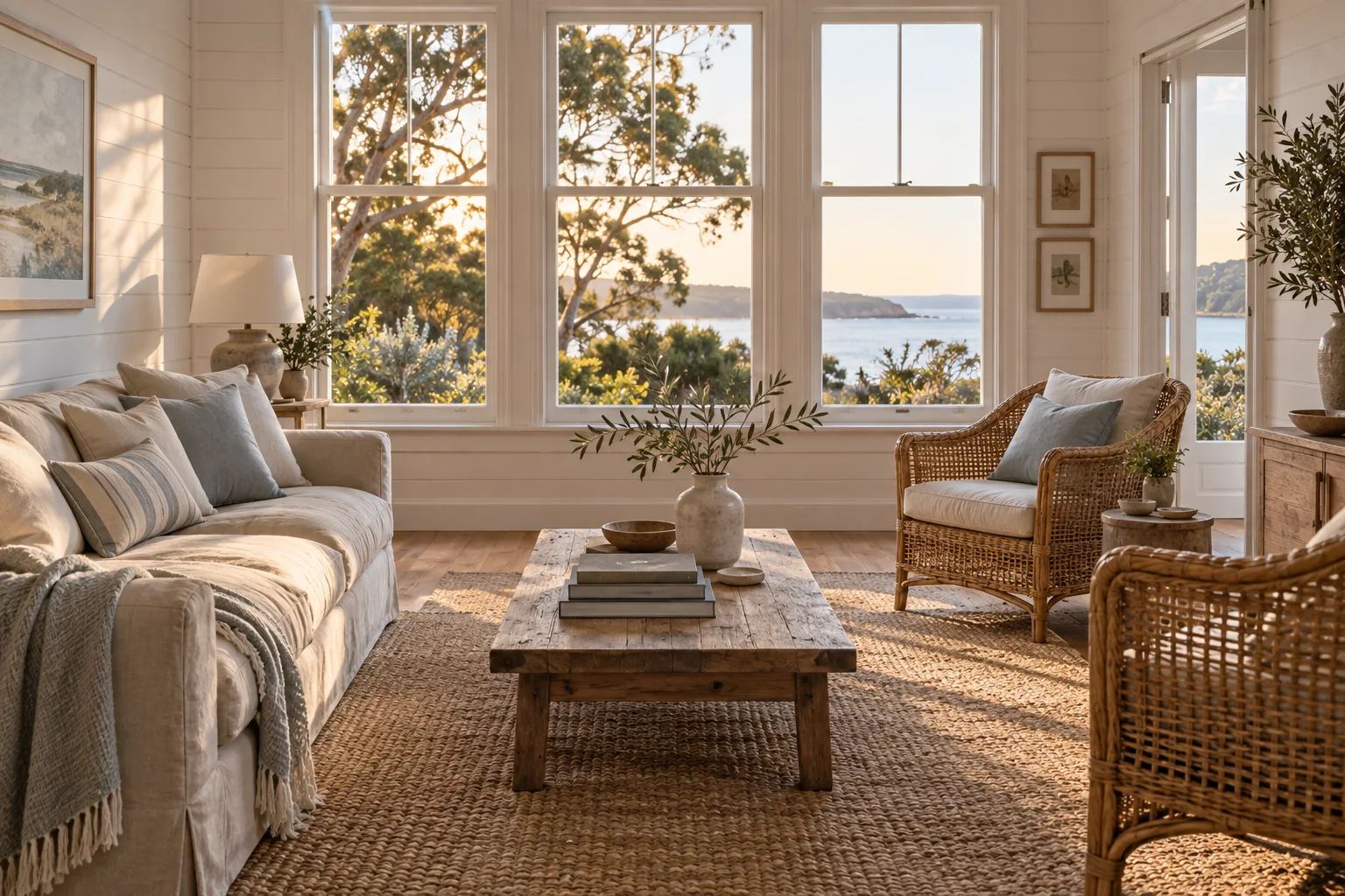 Comfortable linen and cane seating in the guesthouse sitting room