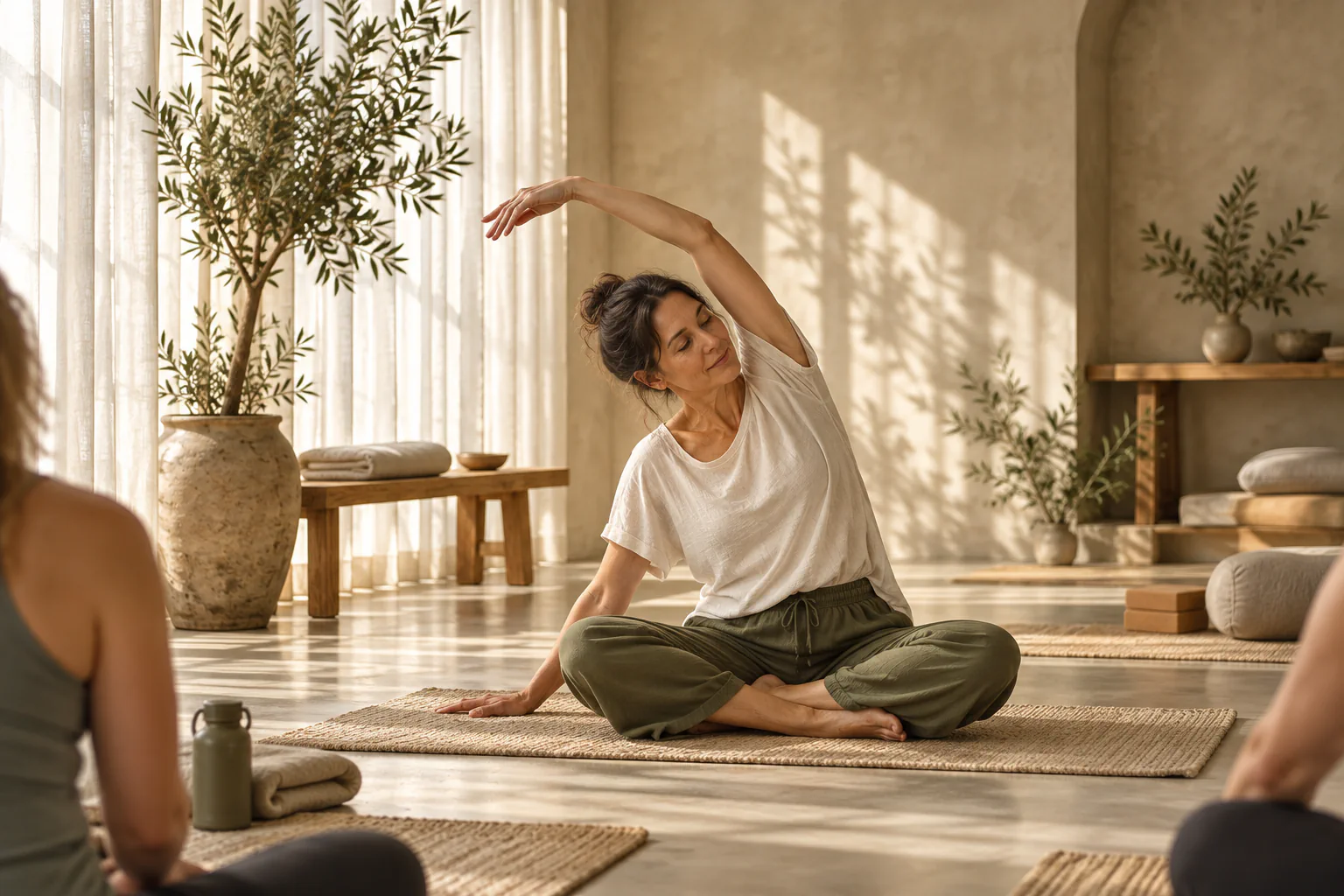 A woman making a gentle seated side reach in a sunlit movement studio