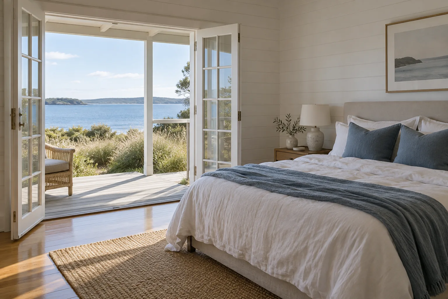 A white linen king bed with a blue throw beside open doors facing the sea