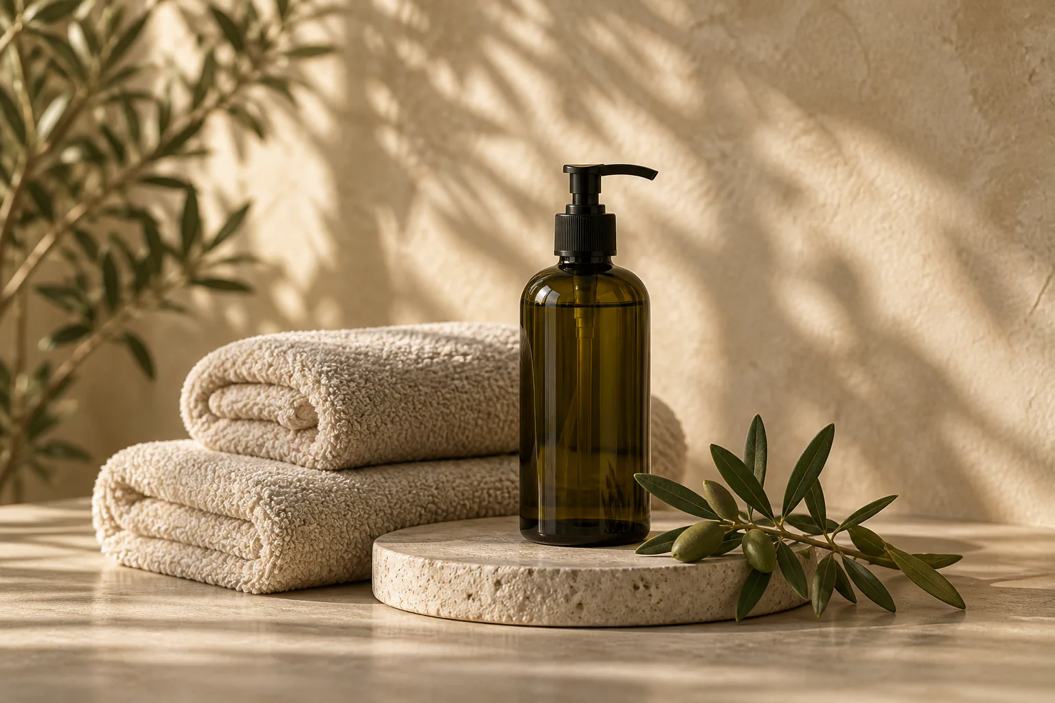 Olive glass massage-oil bottle with folded oat-coloured towels and an olive sprig
