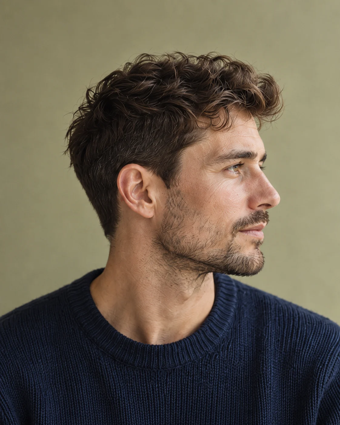 A man with a softly textured haircut and neat beard, wearing a navy knit shirt
