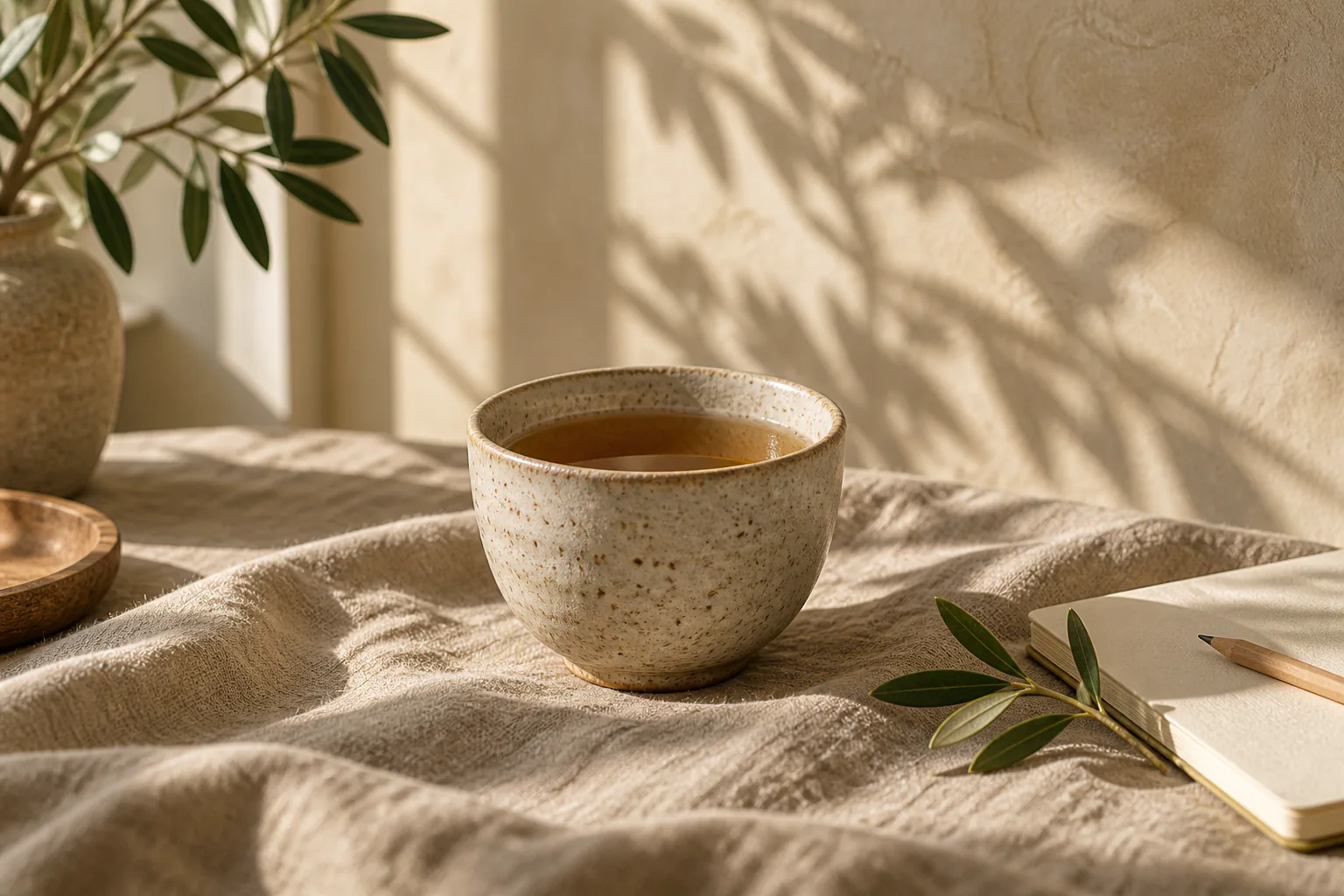 A speckled ceramic cup of tea, blank notebook and pencil on natural linen