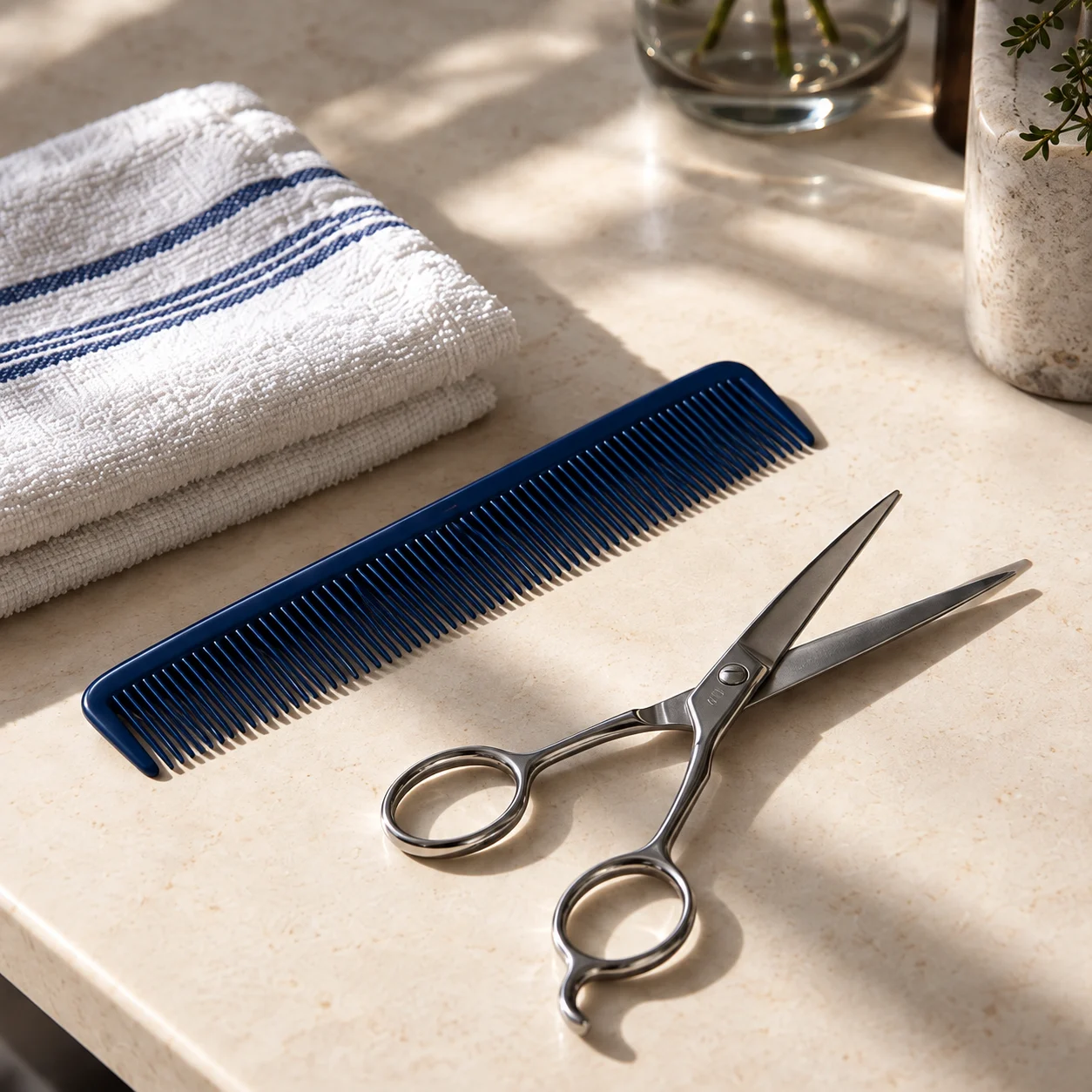 Silver hairdressing scissors, a navy comb and a folded white towel on cream stone