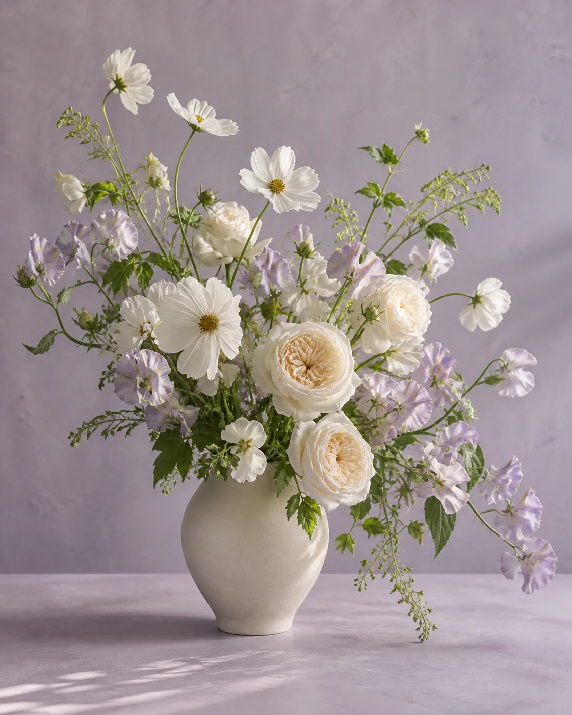 An airy white and pale lavender arrangement in a cream ceramic vase