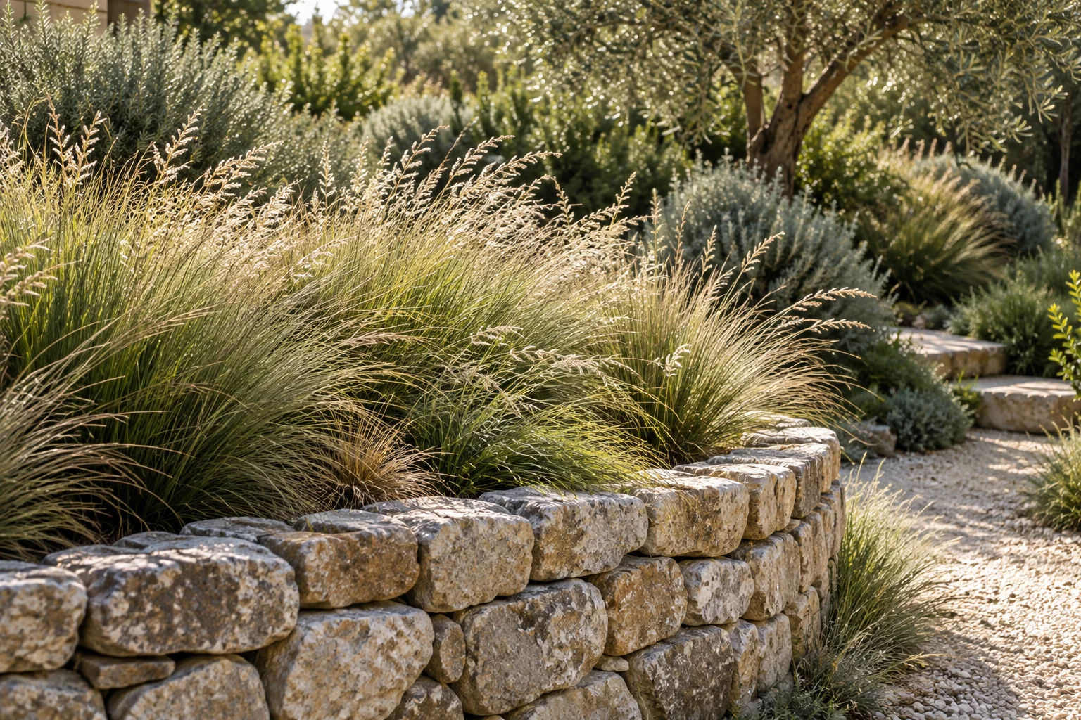 Fine grasses and seed heads above a gently curving dry stone garden wall