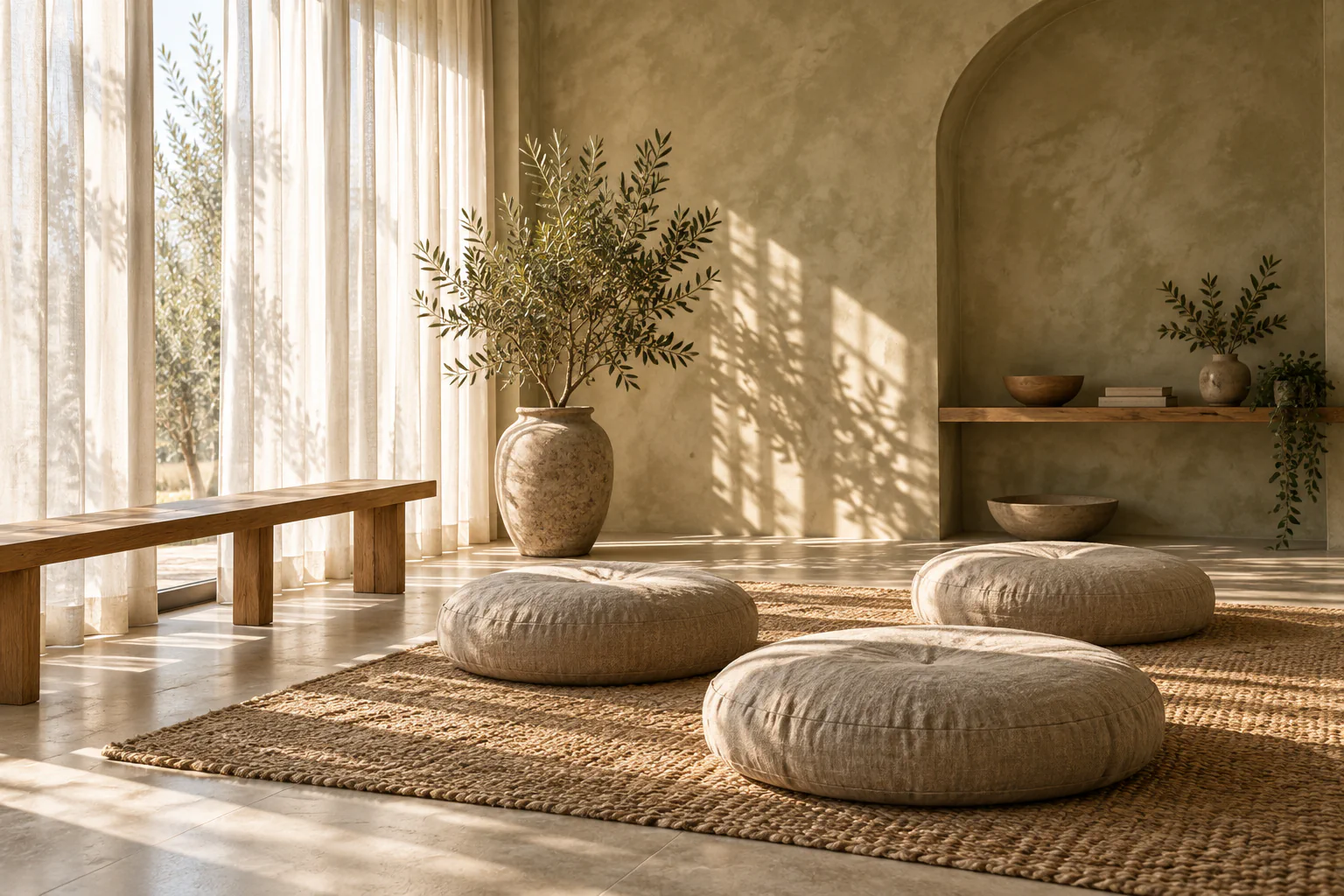 Linen floor cushions, an oak bench and an olive branch in a quiet sunlit room