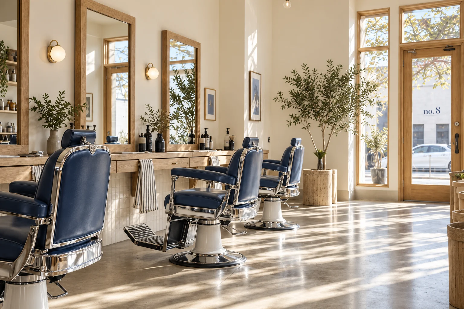 Blue leather barber chairs and pale oak mirrors in a bright, sunlit barbershop