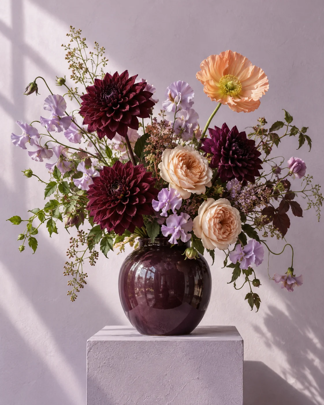 Burgundy dahlias, lilac sweet peas and peach roses in a plum ceramic vase on a lilac plinth