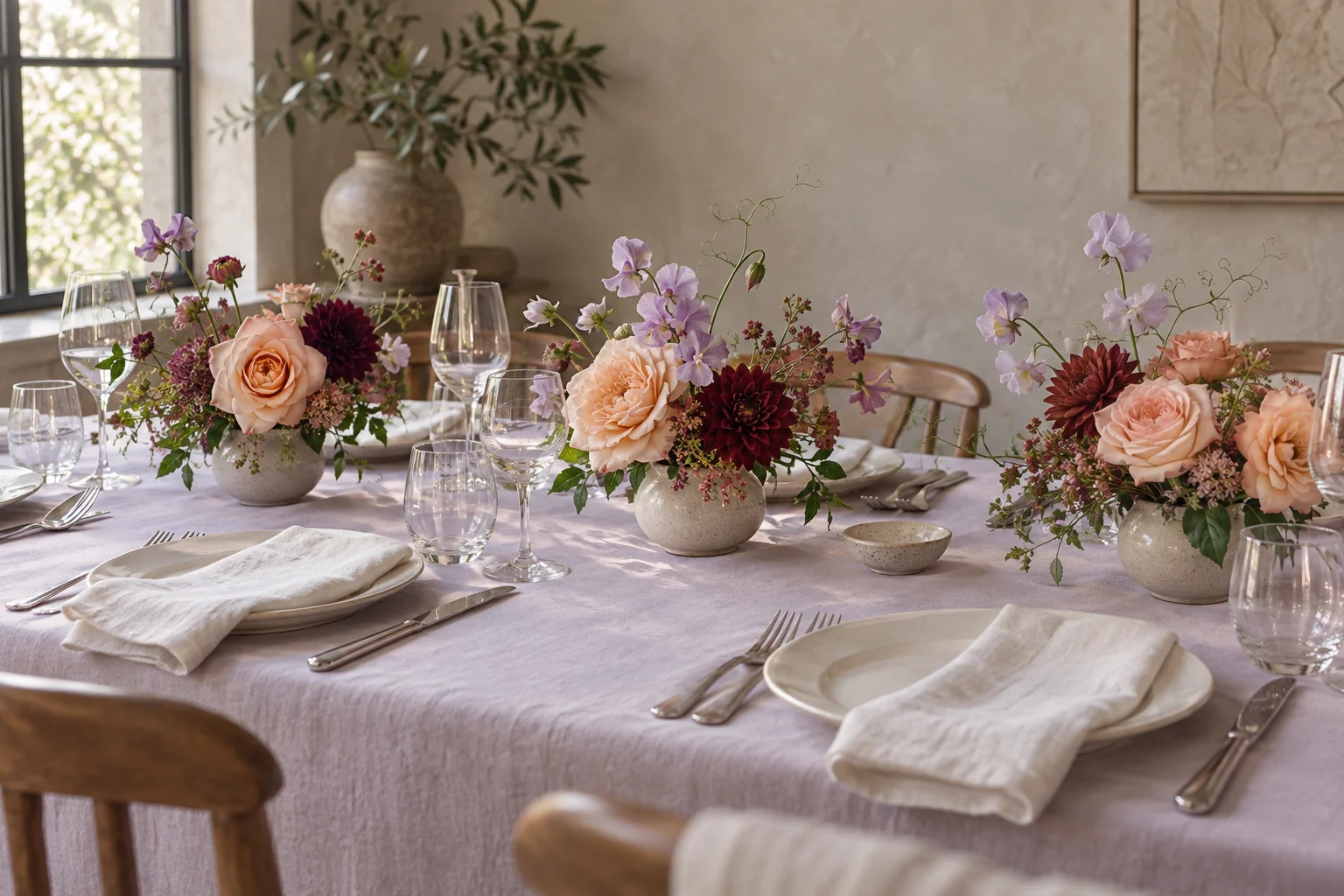 Low plum, peach and lilac arrangements spaced along an intimate dining table