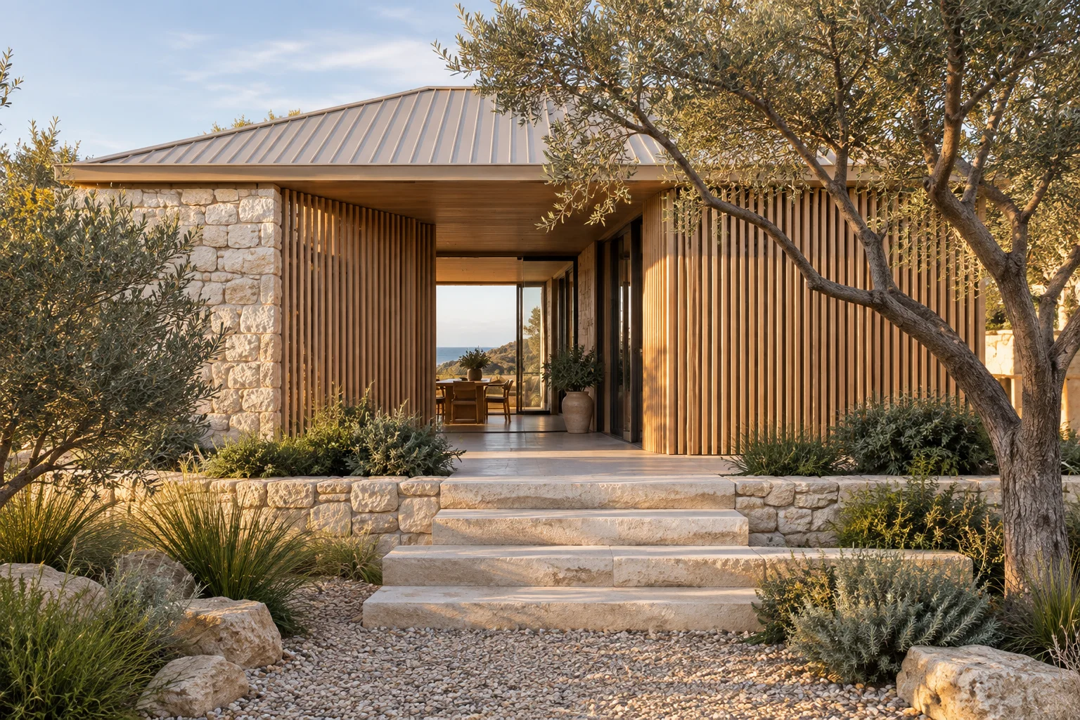 Timber-batten entrance, limestone walls and olive tree at the Tallow House design study