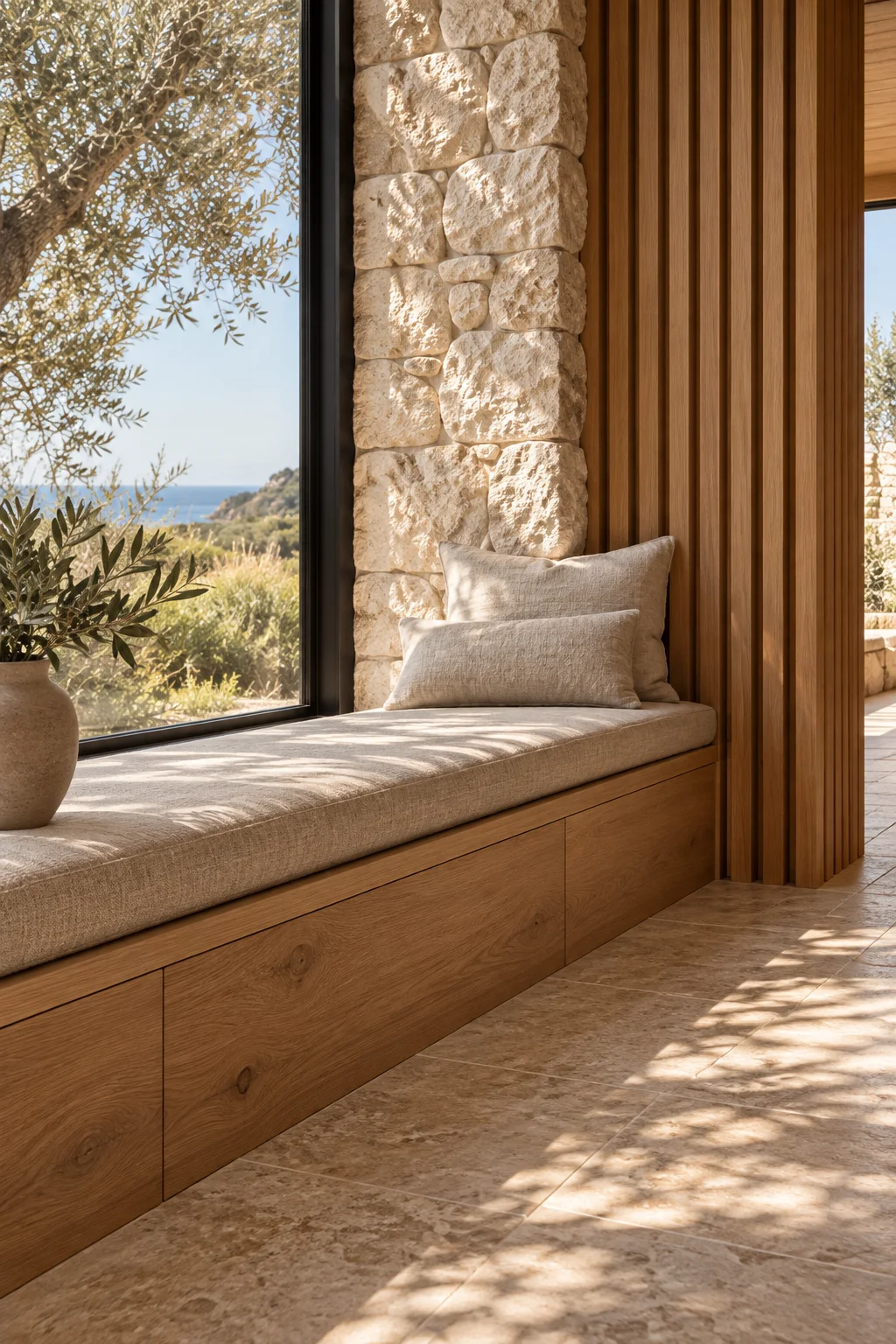 Limestone wall and oak window seat with linen cushions in dappled sunlight