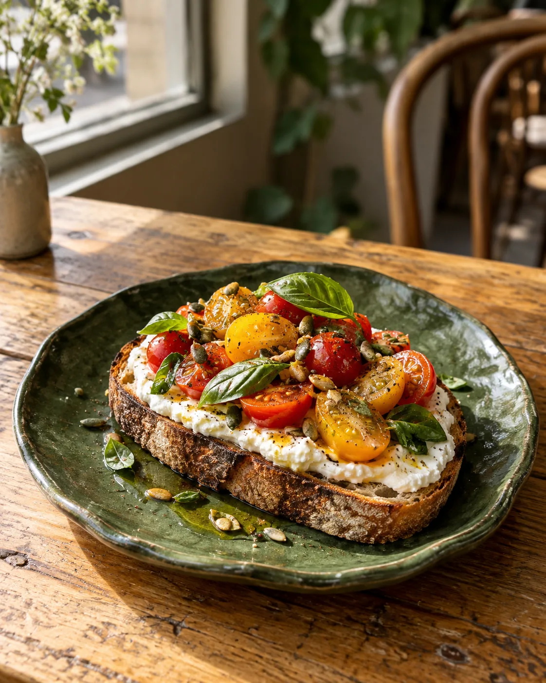 Red and yellow tomatoes, ricotta and basil on toasted sourdough