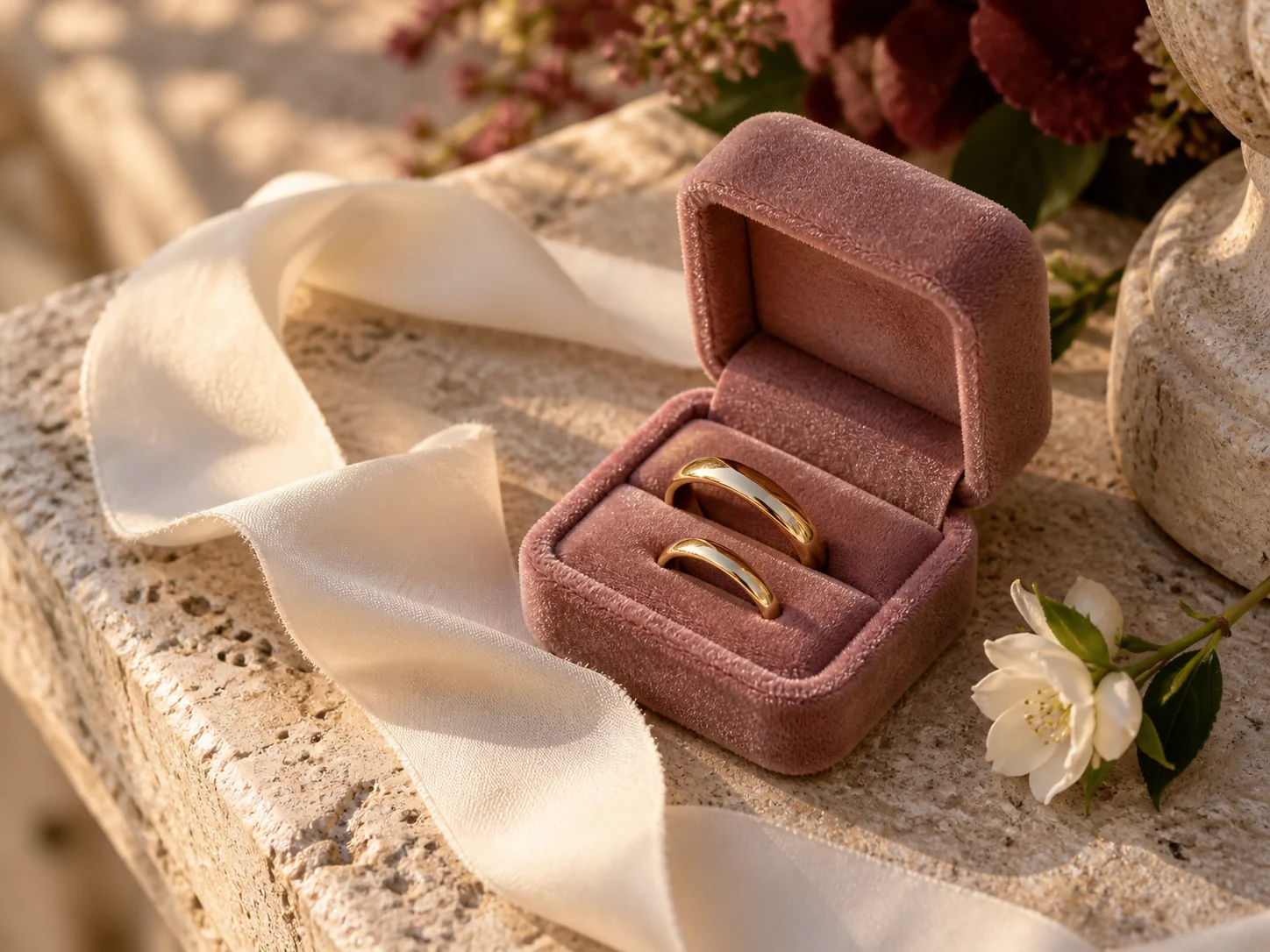 Two gold wedding bands in a rose velvet box on warm stone